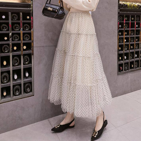 韓国ファッション SELCA-ドットシフォン柄ティアードスカート-2023ss-sk23-03