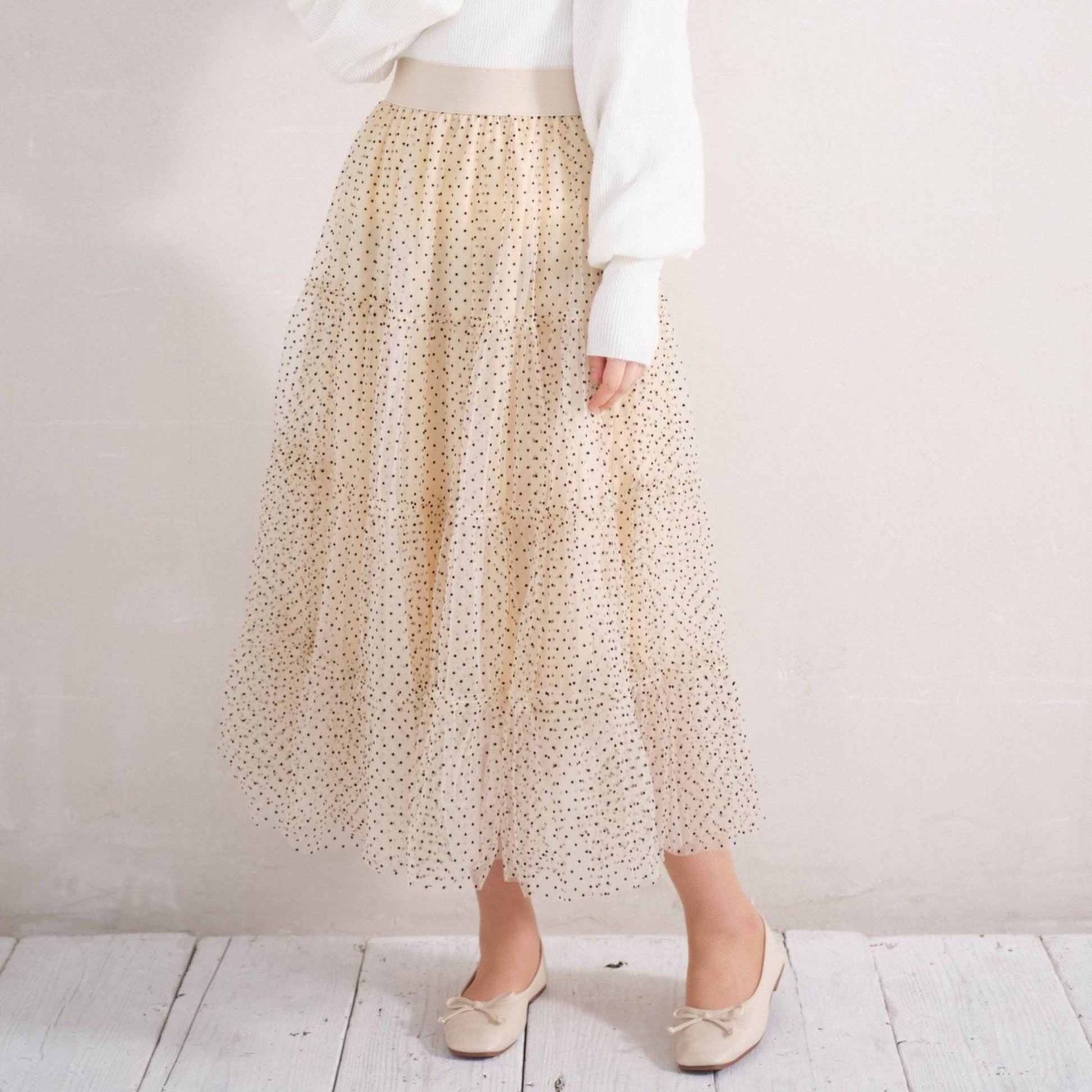 韓国ファッション SELCA-ドットシフォン柄ティアードスカート-2023ss-sk23-010