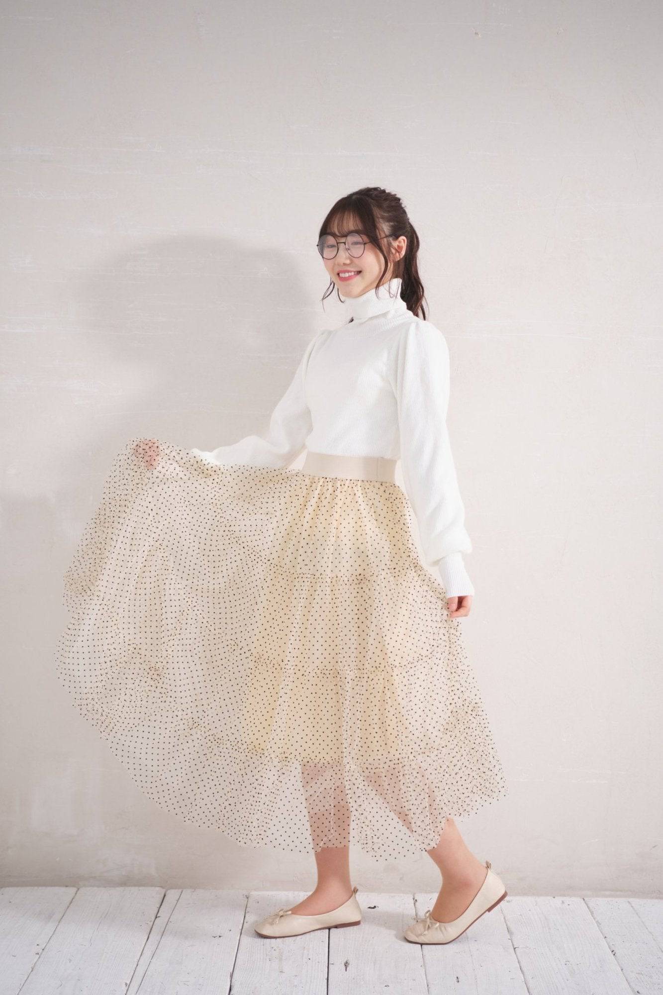 韓国ファッション SELCA-ドットシフォン柄ティアードスカート-2023ss-sk23-014