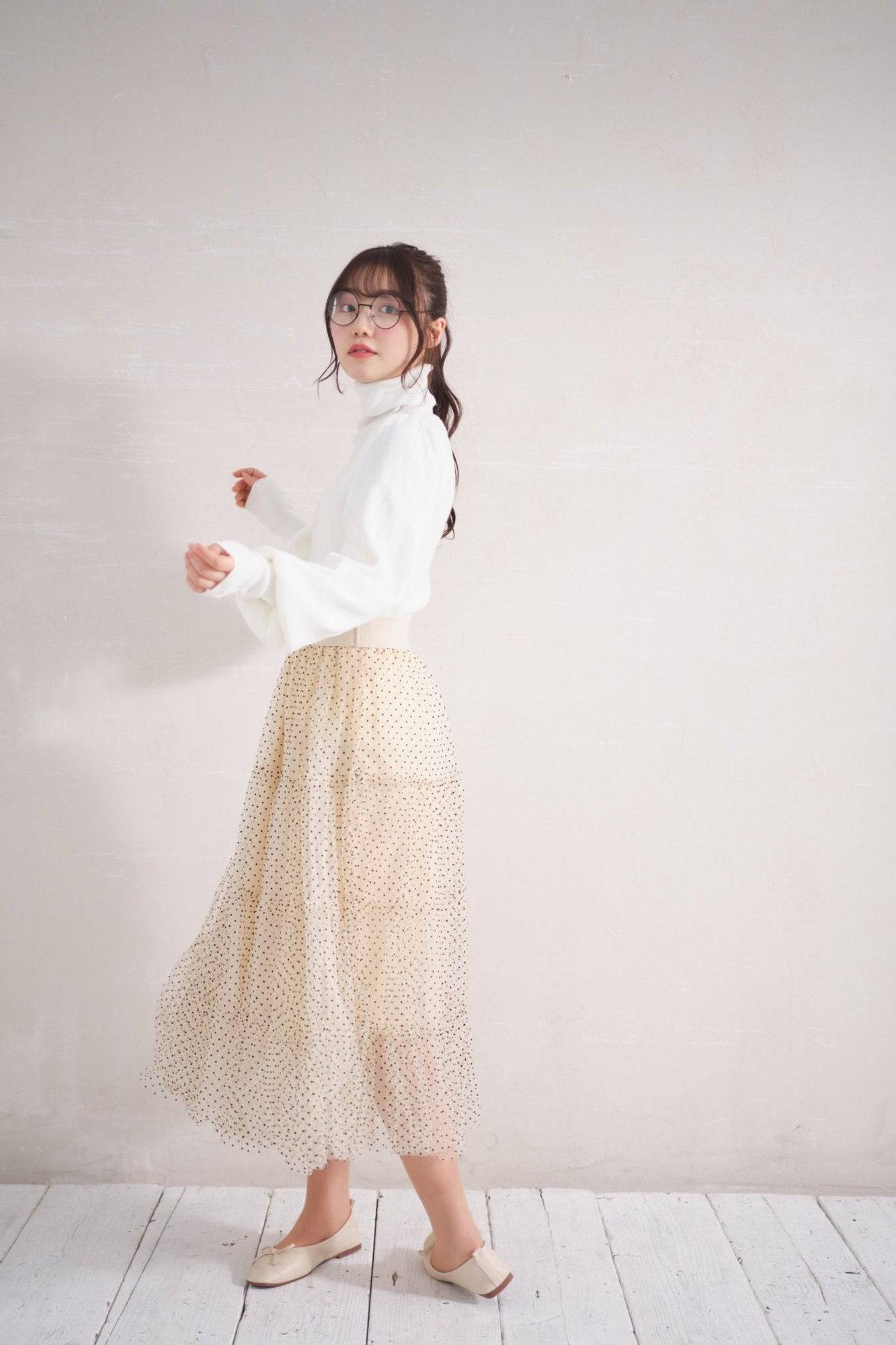 韓国ファッション SELCA-ドットシフォン柄ティアードスカート-2023ss-sk23-015