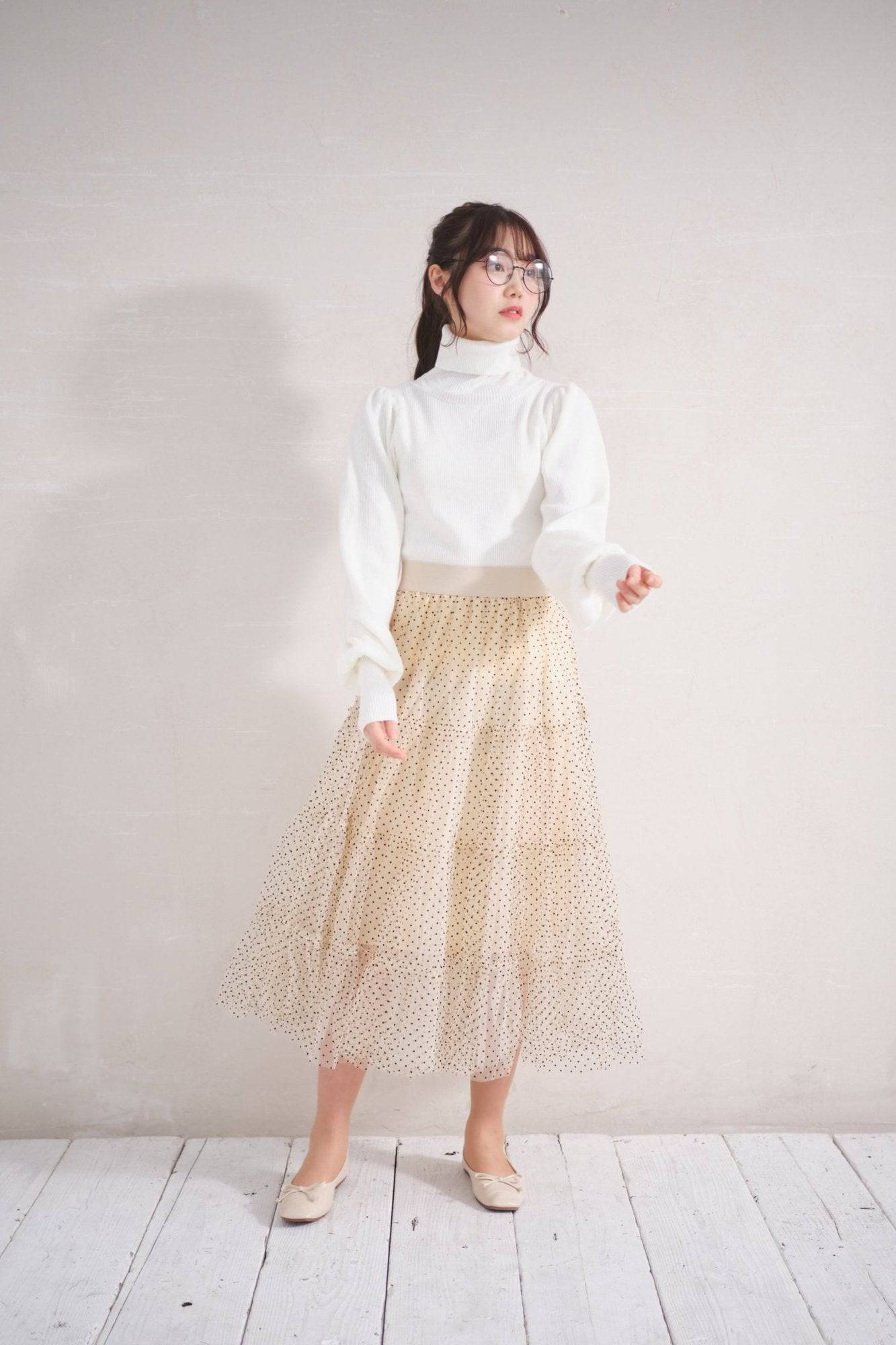 韓国ファッション SELCA-ドットシフォン柄ティアードスカート-2023ss-sk23-017
