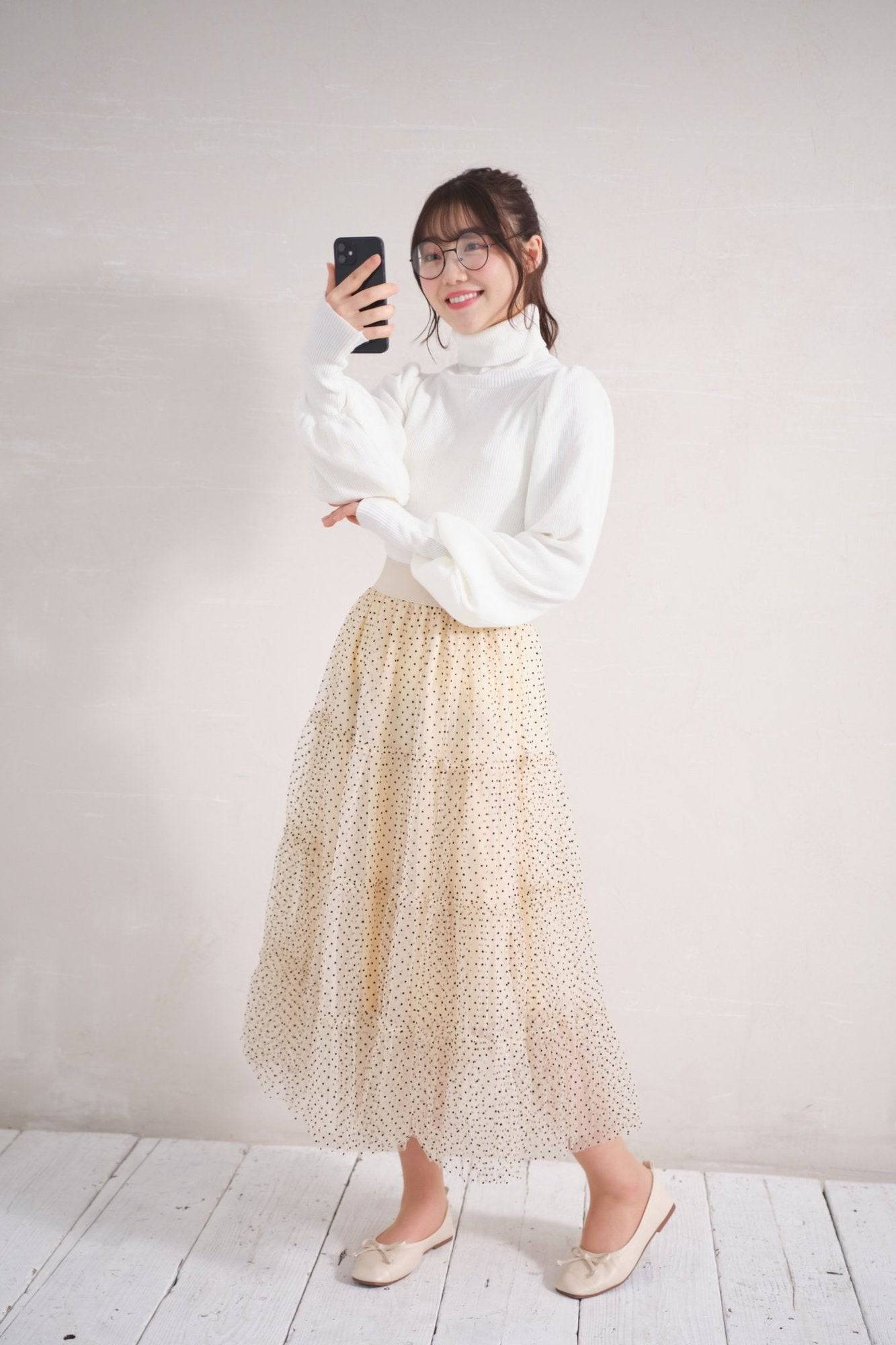 韓国ファッション SELCA-ドットシフォン柄ティアードスカート-2023ss-sk23-019