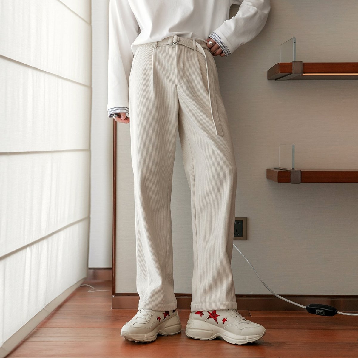 韓国ファッション SELCA-Corduroy Straight Belt Slacks-mselca2023aw204-01