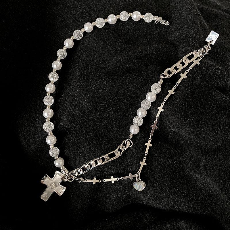 韓国ファッション SELCA-Cross Pearl Necklace-mselca2023aw215-03