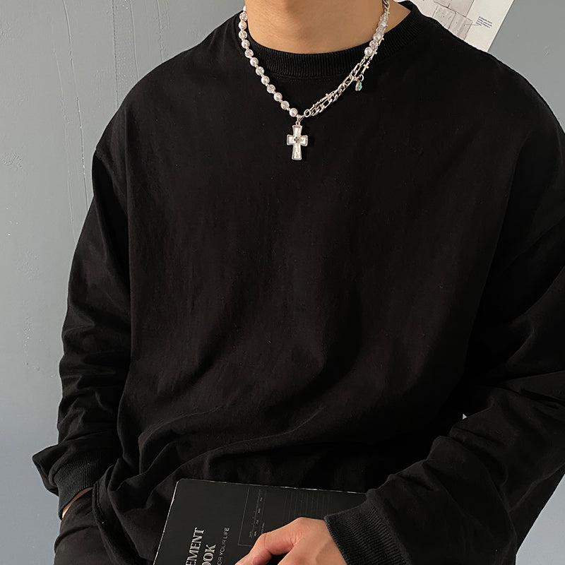 韓国ファッション SELCA-Cross Pearl Necklace-mselca2023aw215-04