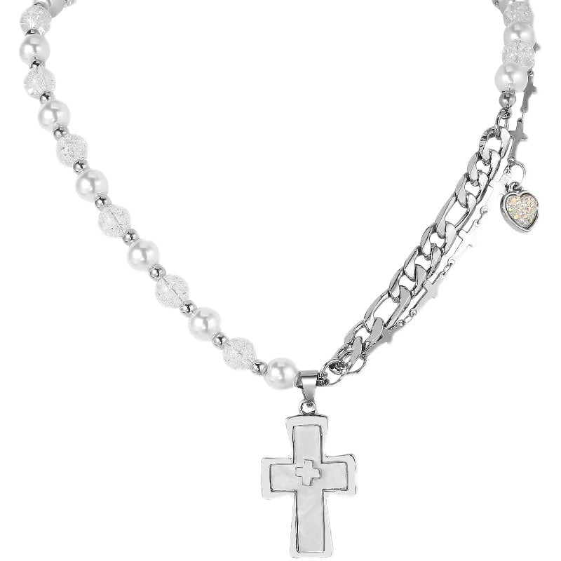 韓国ファッション SELCA-Cross Pearl Necklace-mselca2023aw215-09