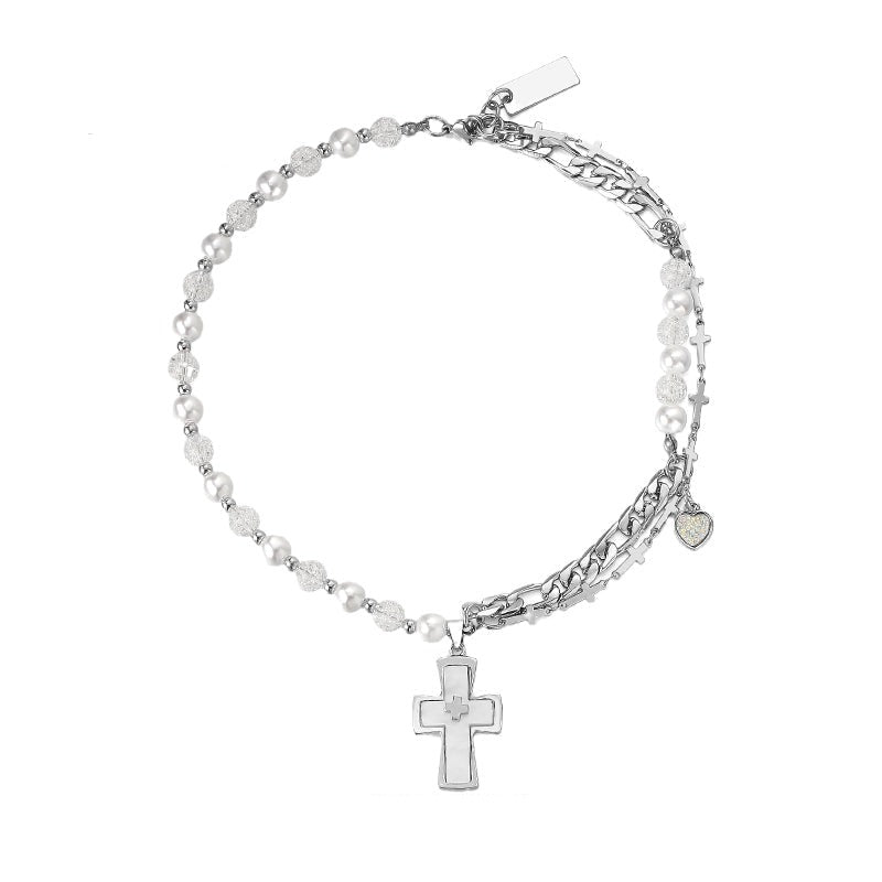 韓国ファッション SELCA-Cross Pearl Necklace-mselca2023aw215-01