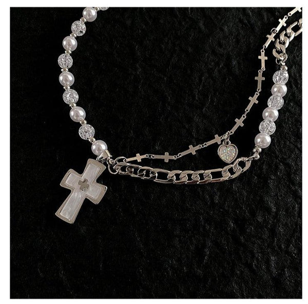 韓国ファッション SELCA-Cross Pearl Necklace-mselca2023aw215-06