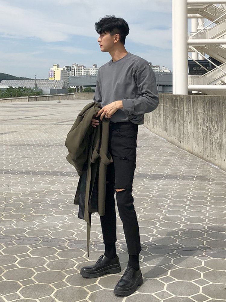 韓国ファッション SELCA-Damage stretch jeans-mselca2023aw219-01