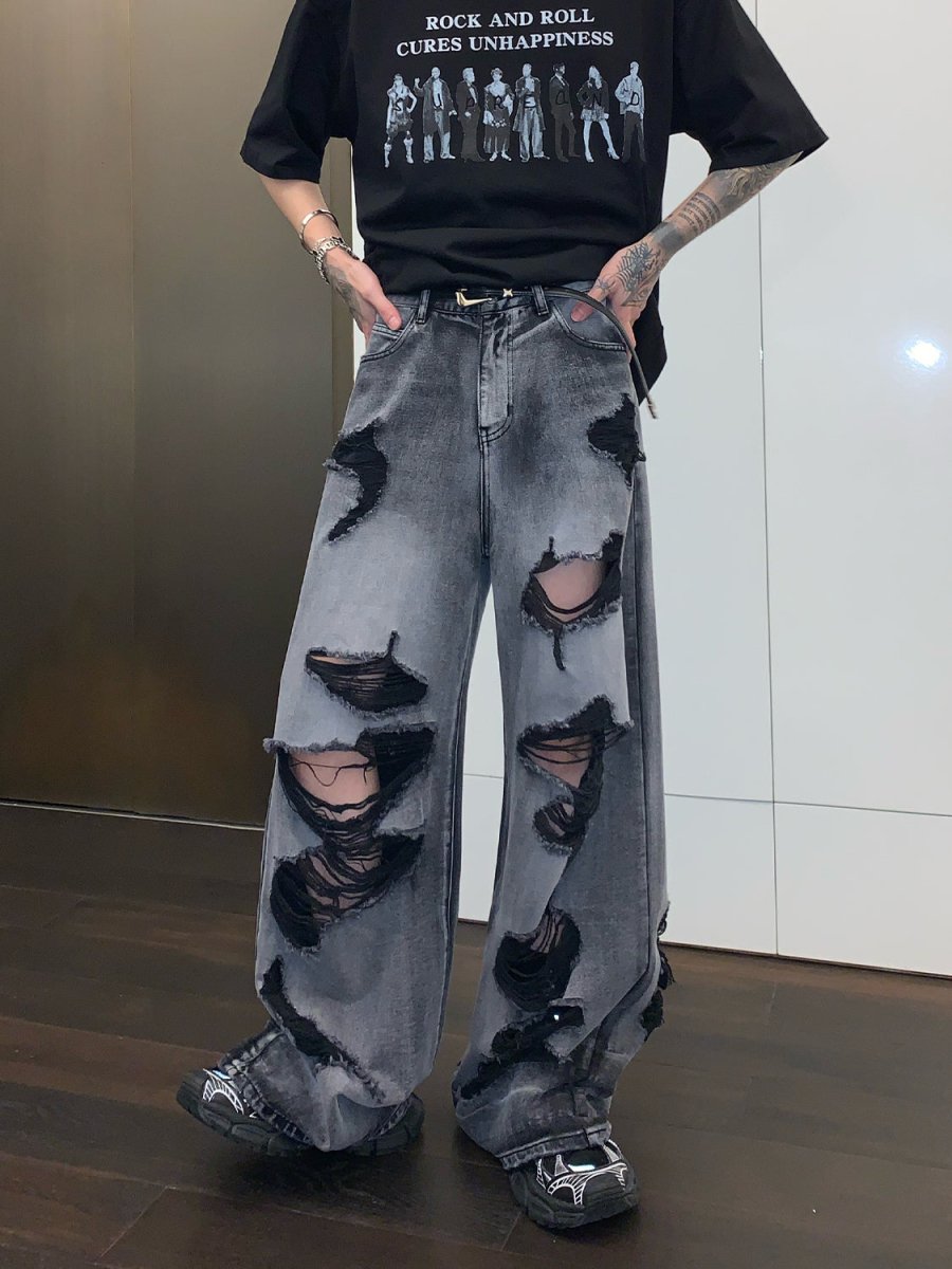 韓国ファッション SELCA-Damage Wide Jeans-mselca2023aw223-01