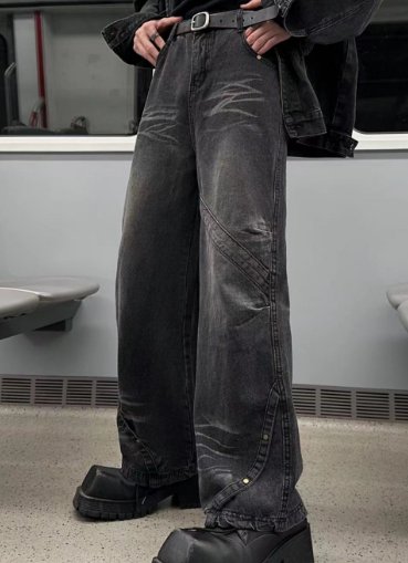 韓国ファッション SELCA-Design Straight Wide Denim Pants-mselca2023aw265-02