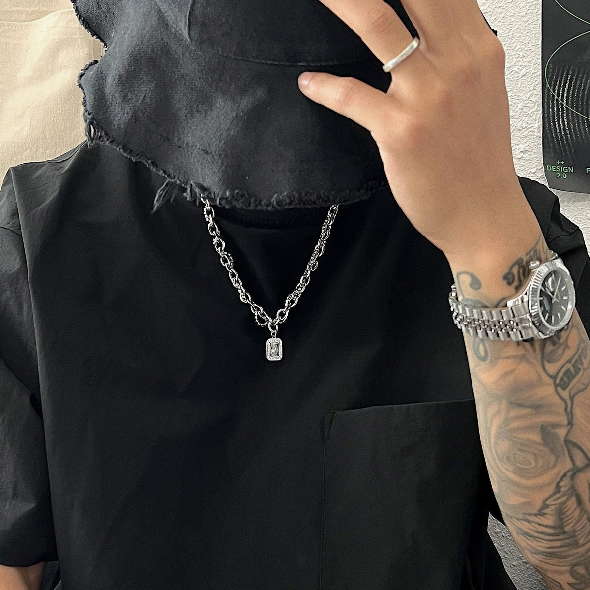 韓国ファッション SELCA-Double Layered Necklace Diamond-Encrusted Clavicle Chain-mselca2023aw283-05