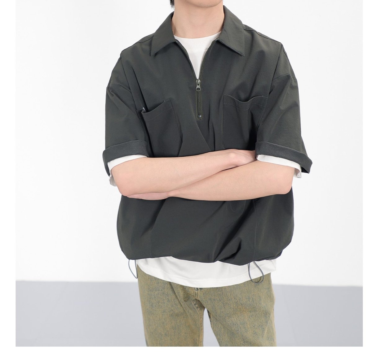 韓国ファッション SELCA-Half zip cargo T -shirt-mselca2023aw360-02