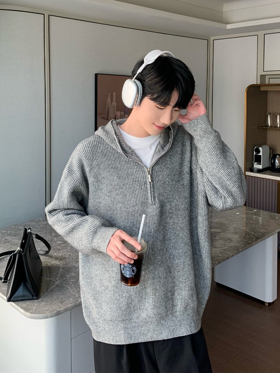 韓国ファッション SELCA-Half zip knit hoodie-mselca2023aw364-012