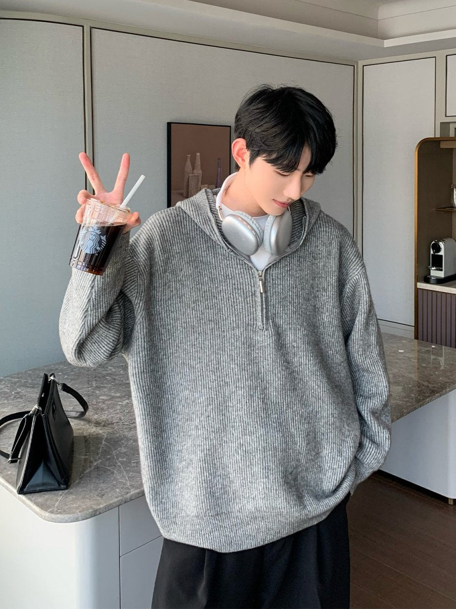 韓国ファッション SELCA-Half zip knit hoodie-mselca2023aw364-01