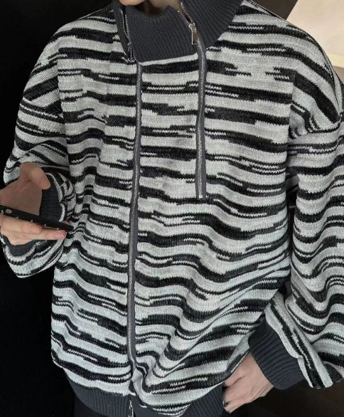 韓国ファッション SELCA-High neck border knit jacket-mselca2023aw382-02