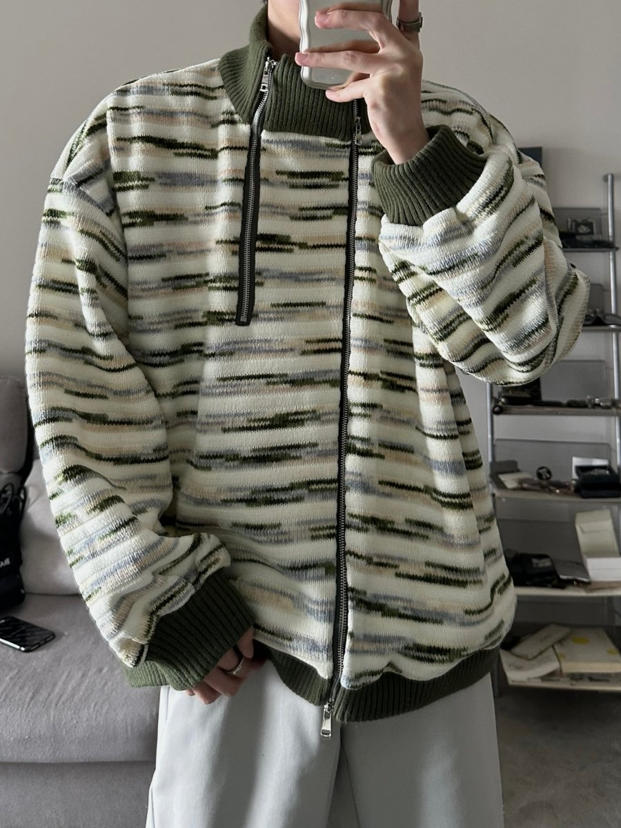 韓国ファッション SELCA-High neck border knit jacket-mselca2023aw382-01