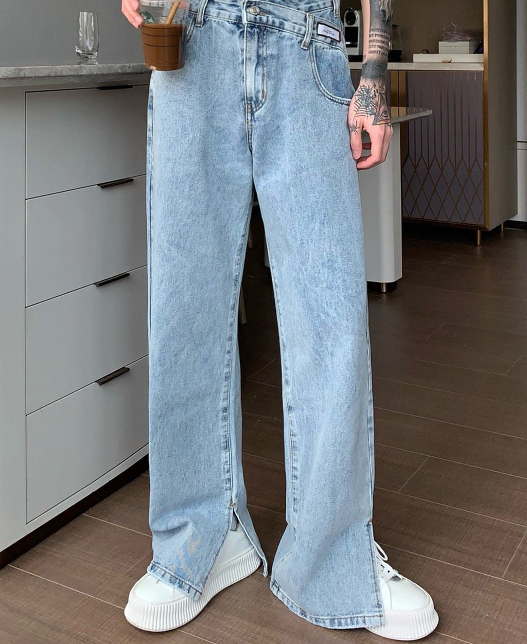 韓国ファッション SELCA-High-waisted denim with slits-mselca2023aw403-07
