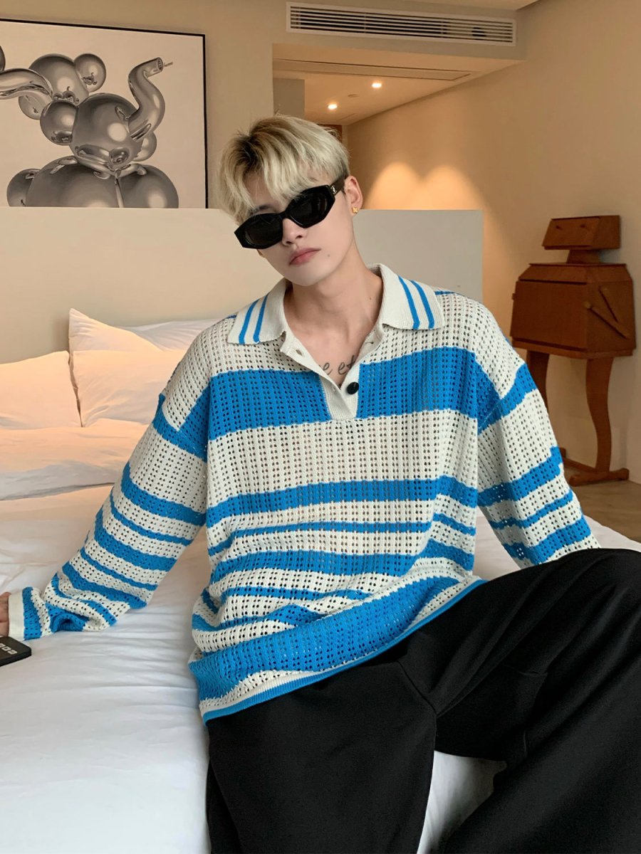 韓国ファッション SELCA-Long sleeve knit border polo shirt-mselca2023aw477-04