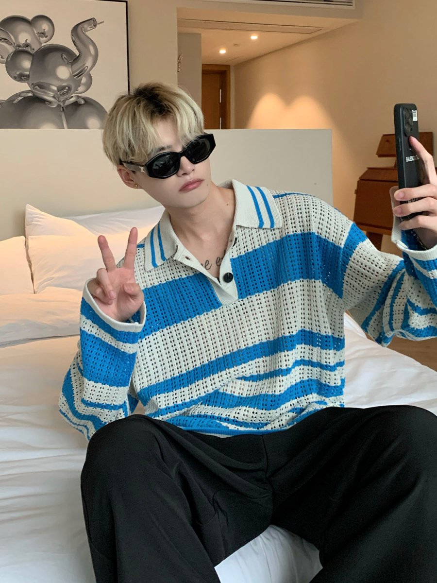 韓国ファッション SELCA-Long sleeve knit border polo shirt-mselca2023aw477-03