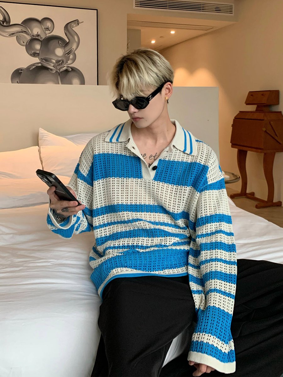 韓国ファッション SELCA-Long sleeve knit border polo shirt-mselca2023aw477-05