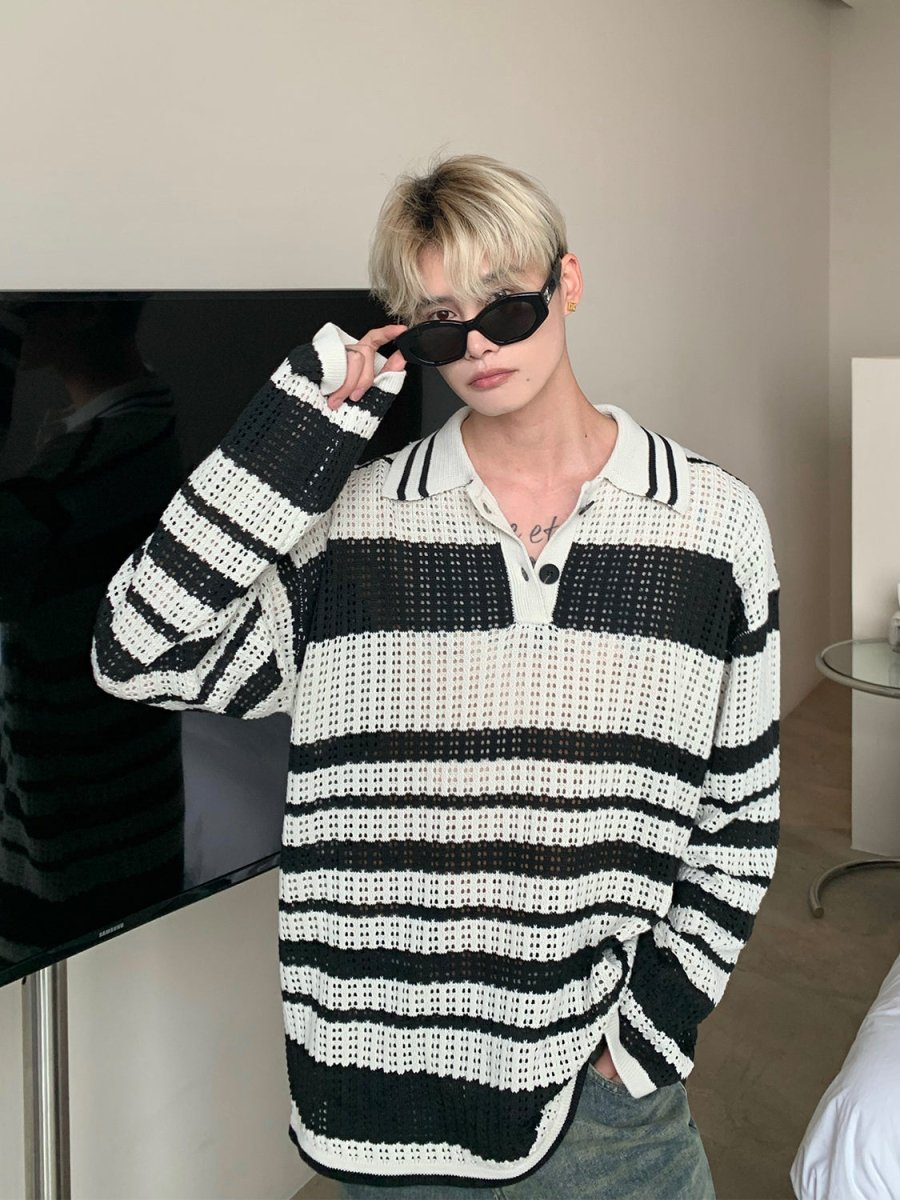 韓国ファッション SELCA-Long sleeve knit border polo shirt-mselca2023aw477-06