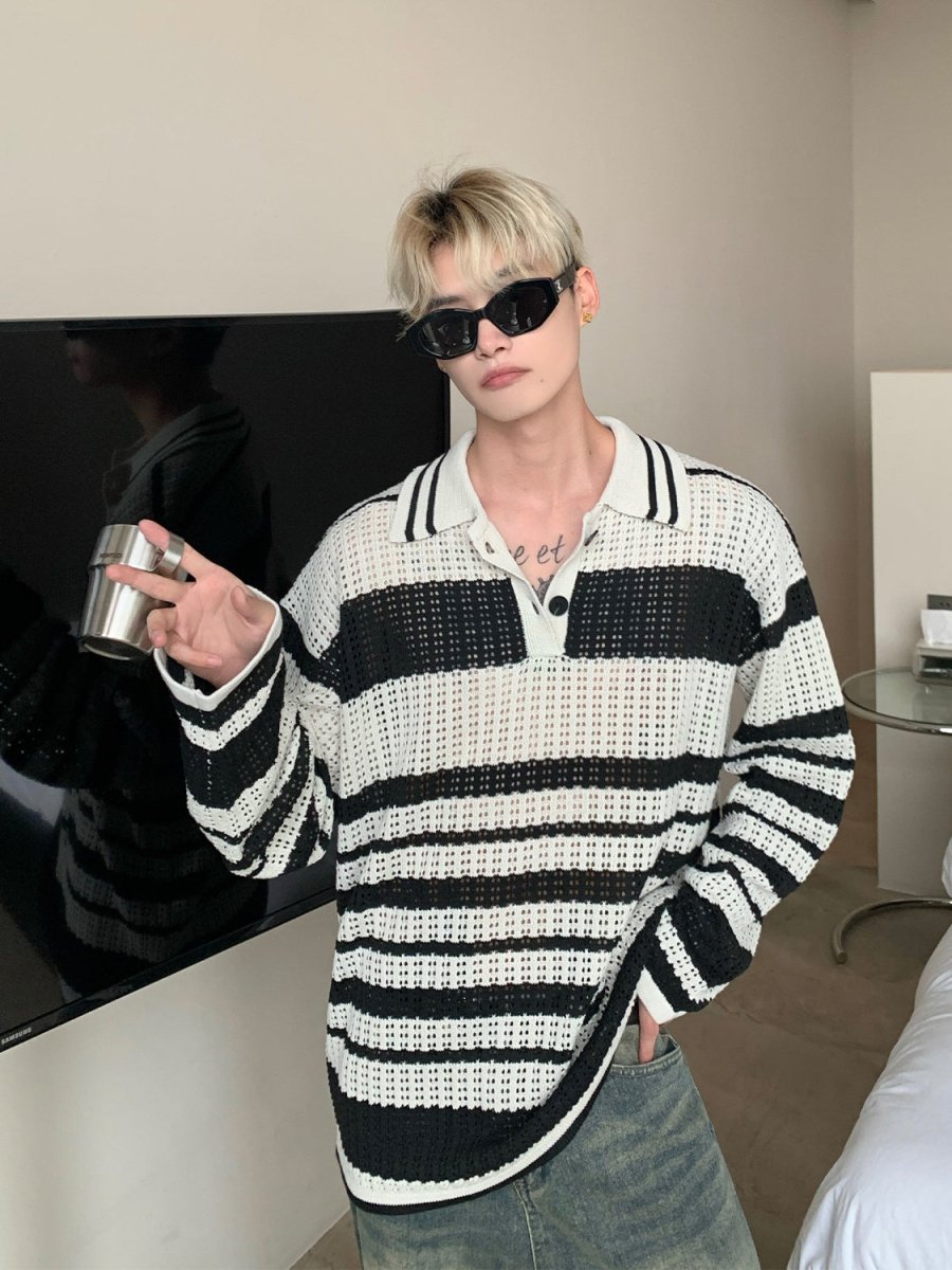 韓国ファッション SELCA-Long sleeve knit border polo shirt-mselca2023aw477-07