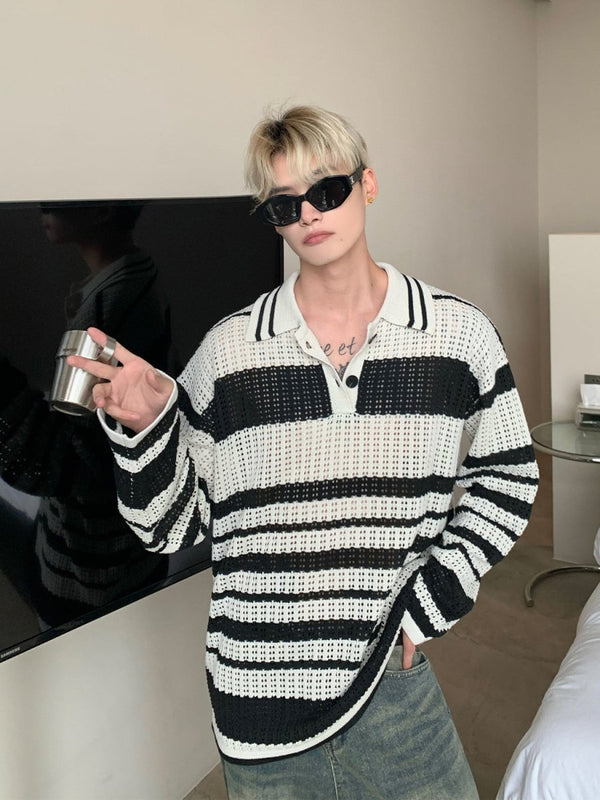 韓国ファッション SELCA-Long sleeve knit border polo shirt-mselca2023aw477-07