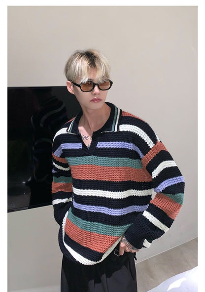 韓国ファッション SELCA-Over -size border knit polo shirt-mselca2023aw559-013