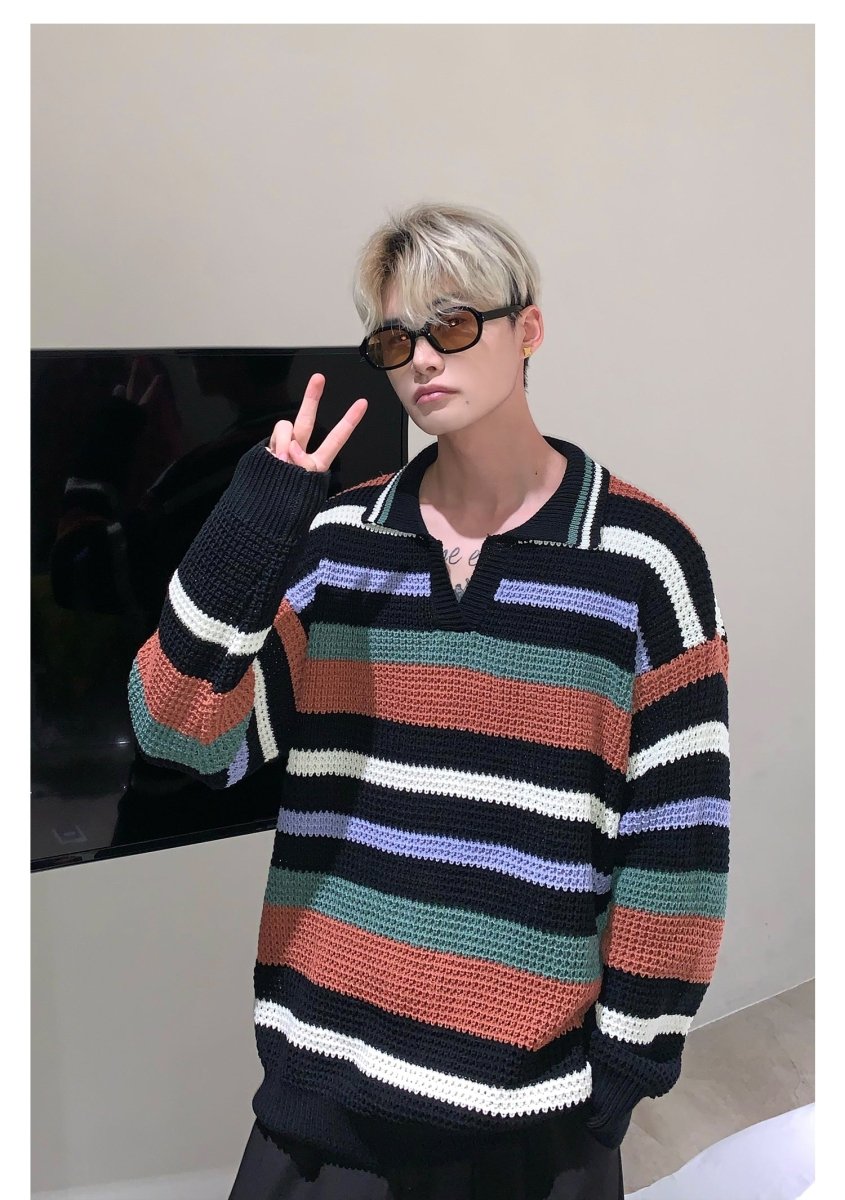 韓国ファッション SELCA-Over -size border knit polo shirt-mselca2023aw559-03