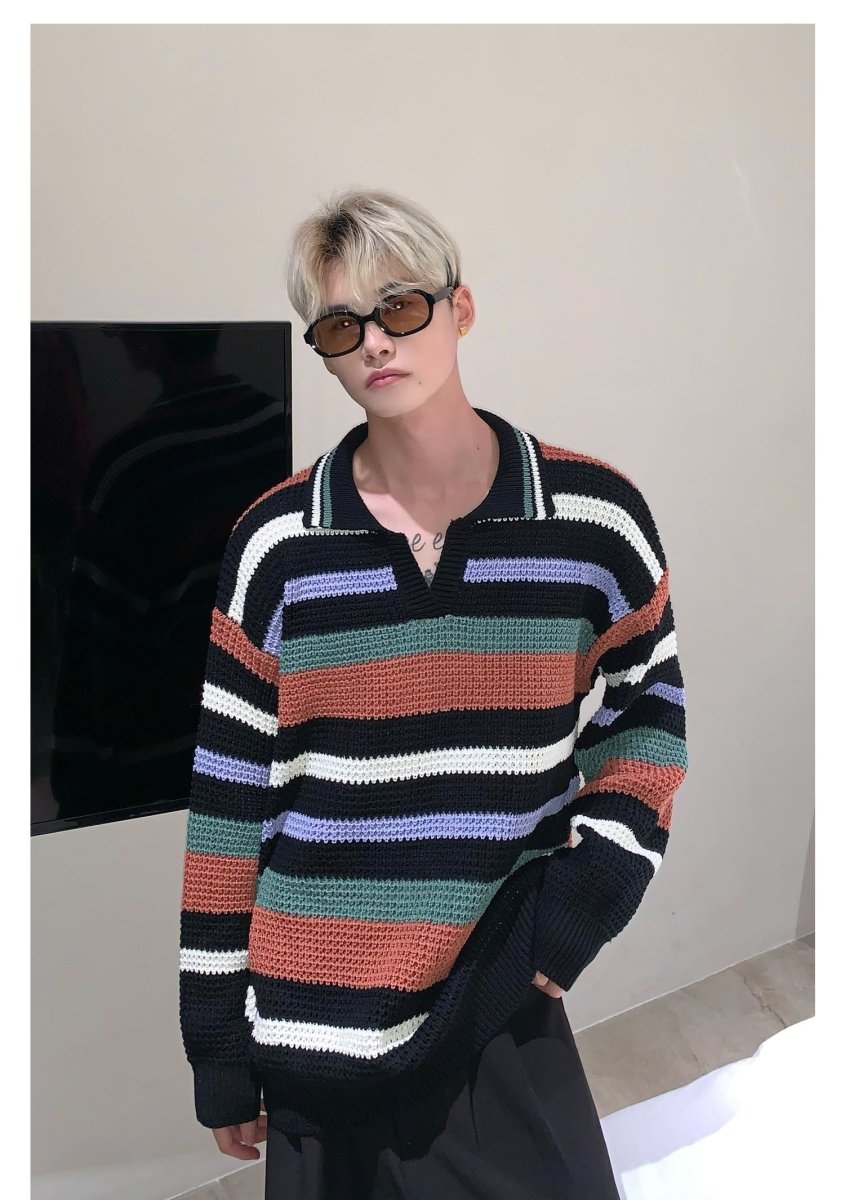 韓国ファッション SELCA-Over -size border knit polo shirt-mselca2023aw559-04