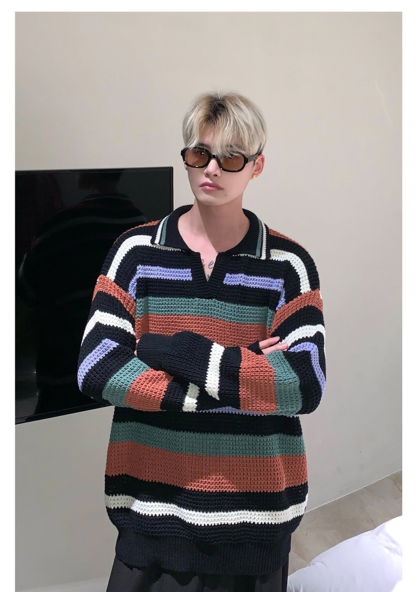 韓国ファッション SELCA-Over -size border knit polo shirt-mselca2023aw559-06