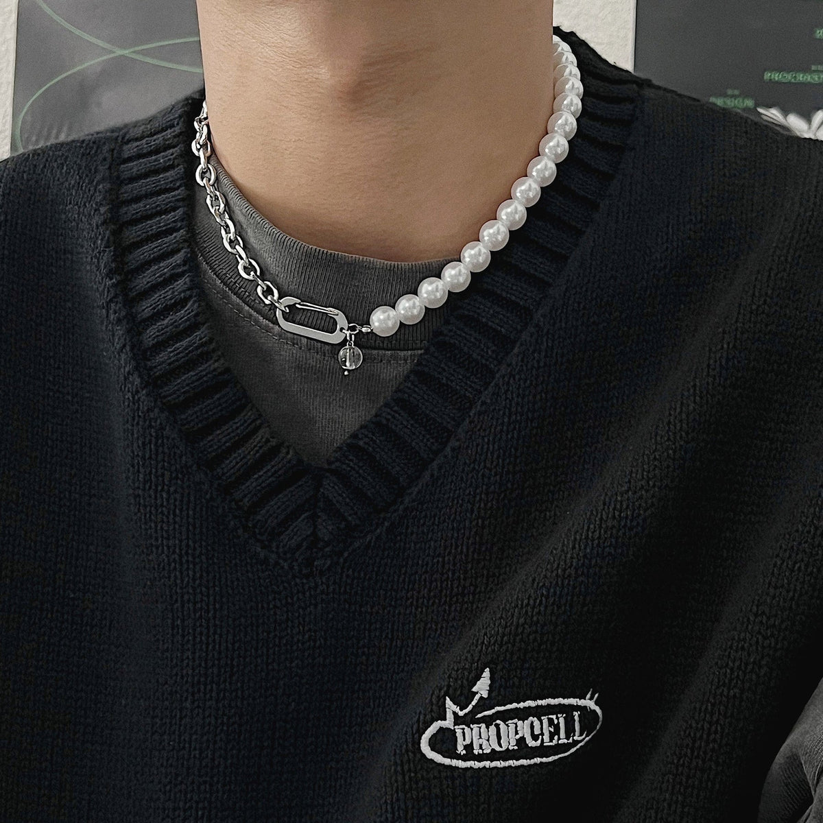 韓国ファッション SELCA-Pearl Stitching Titanium Steel Chain Necklace-mselca2023aw592-02