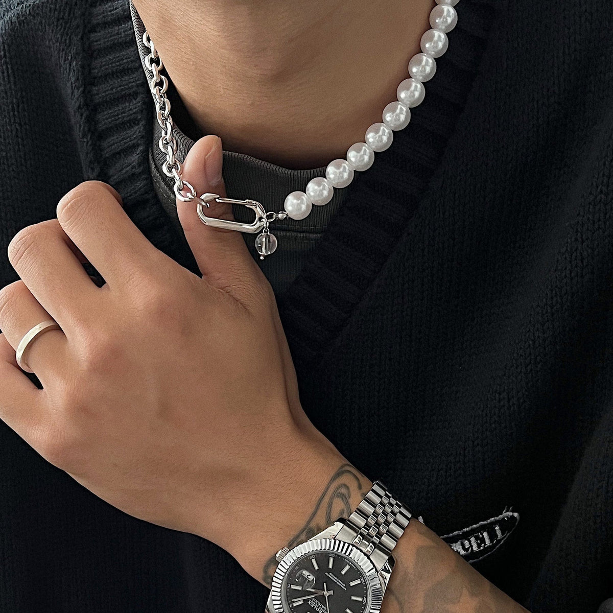 韓国ファッション SELCA-Pearl Stitching Titanium Steel Chain Necklace-mselca2023aw592-03