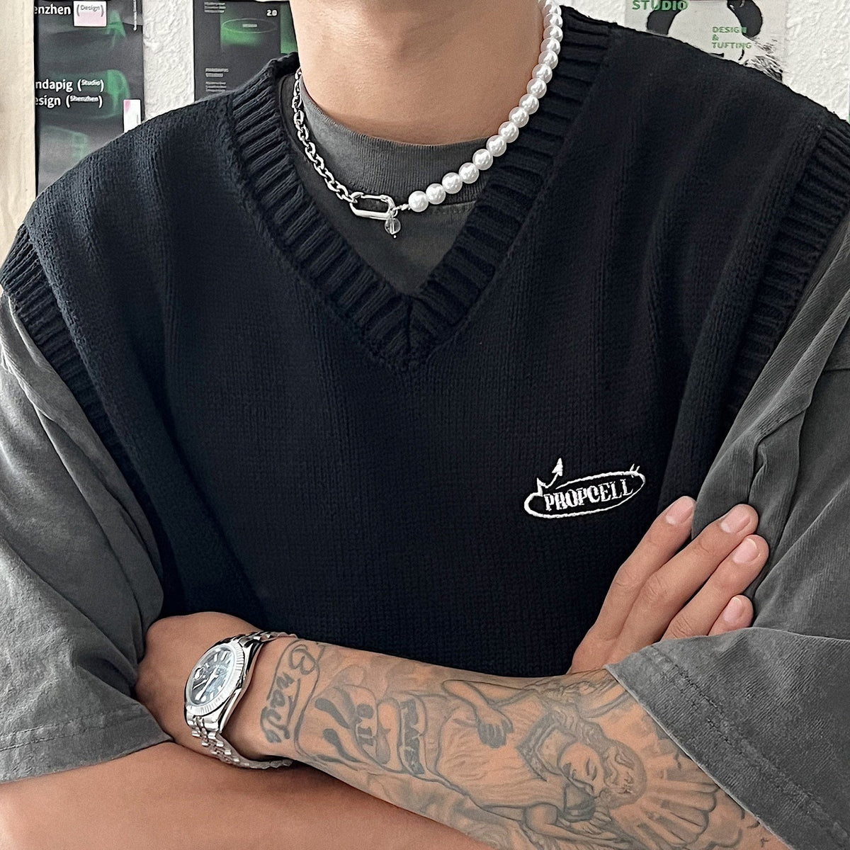 韓国ファッション SELCA-Pearl Stitching Titanium Steel Chain Necklace-mselca2023aw592-04