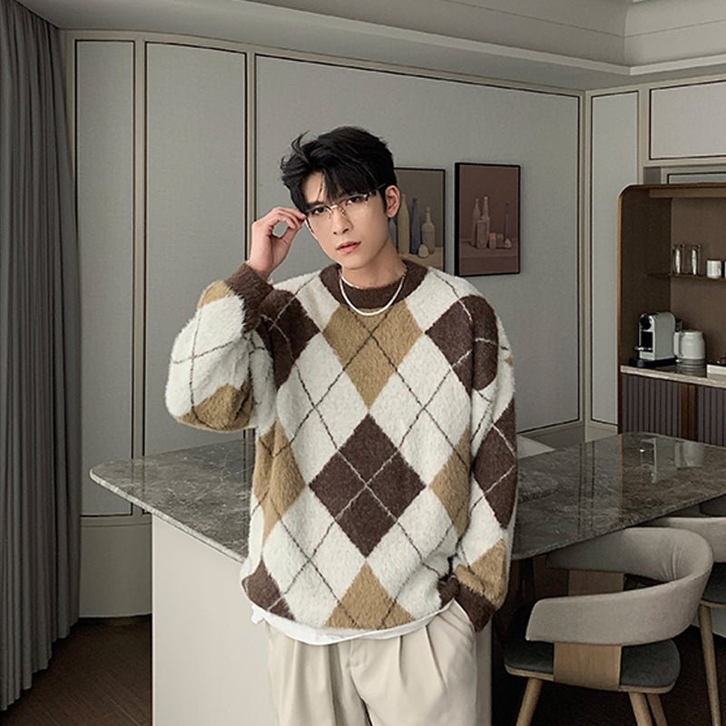 韓国ファッション SELCA-Round neck check pattern knit-mselca2023aw673-03