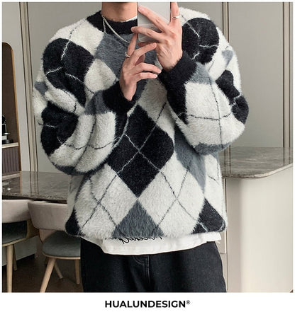 韓国ファッション SELCA-Round neck check pattern knit-mselca2023aw673-011