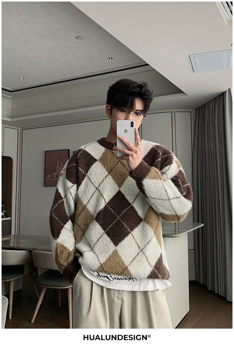 韓国ファッション SELCA-Round neck check pattern knit-mselca2023aw673-07