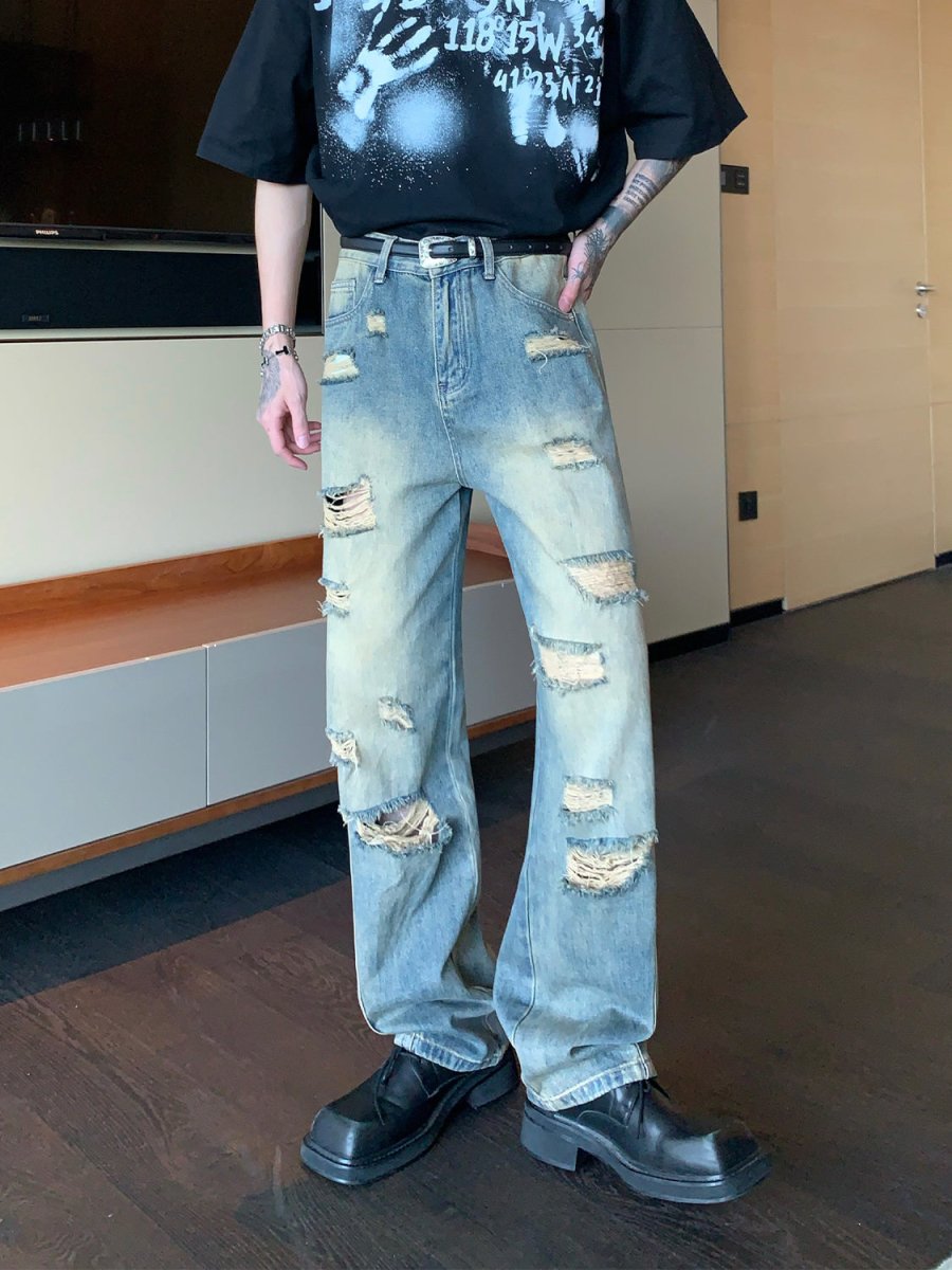 韓国ファッション SELCA-Straight damage denim pants-mselca2023aw829-01