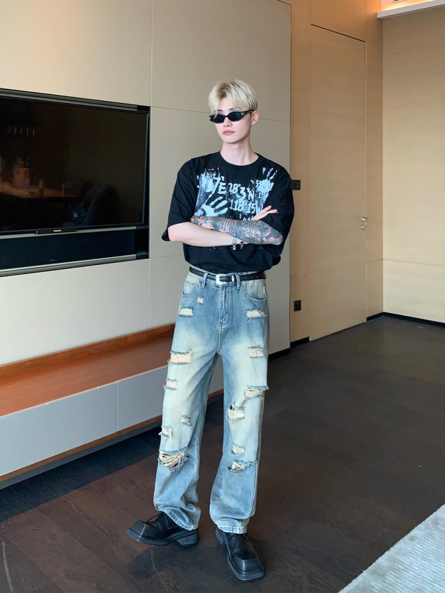韓国ファッション SELCA-Straight damage denim pants-mselca2023aw829-02