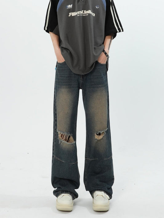 韓国ファッション SELCA-Straight denim damage jeans-mselca2023aw831-01