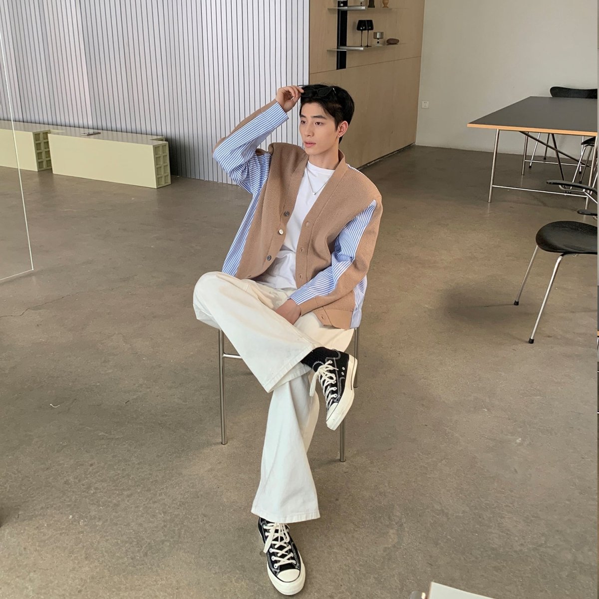 韓国ファッション SELCA-Stripe Contrast Knit Cardigan-mselca2023aw887-01