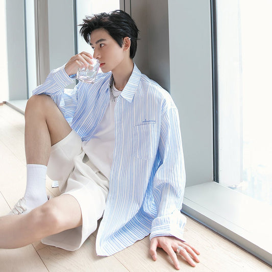 韓国ファッション SELCA-Summer Stripe Shirt-mselca2023aw907-01