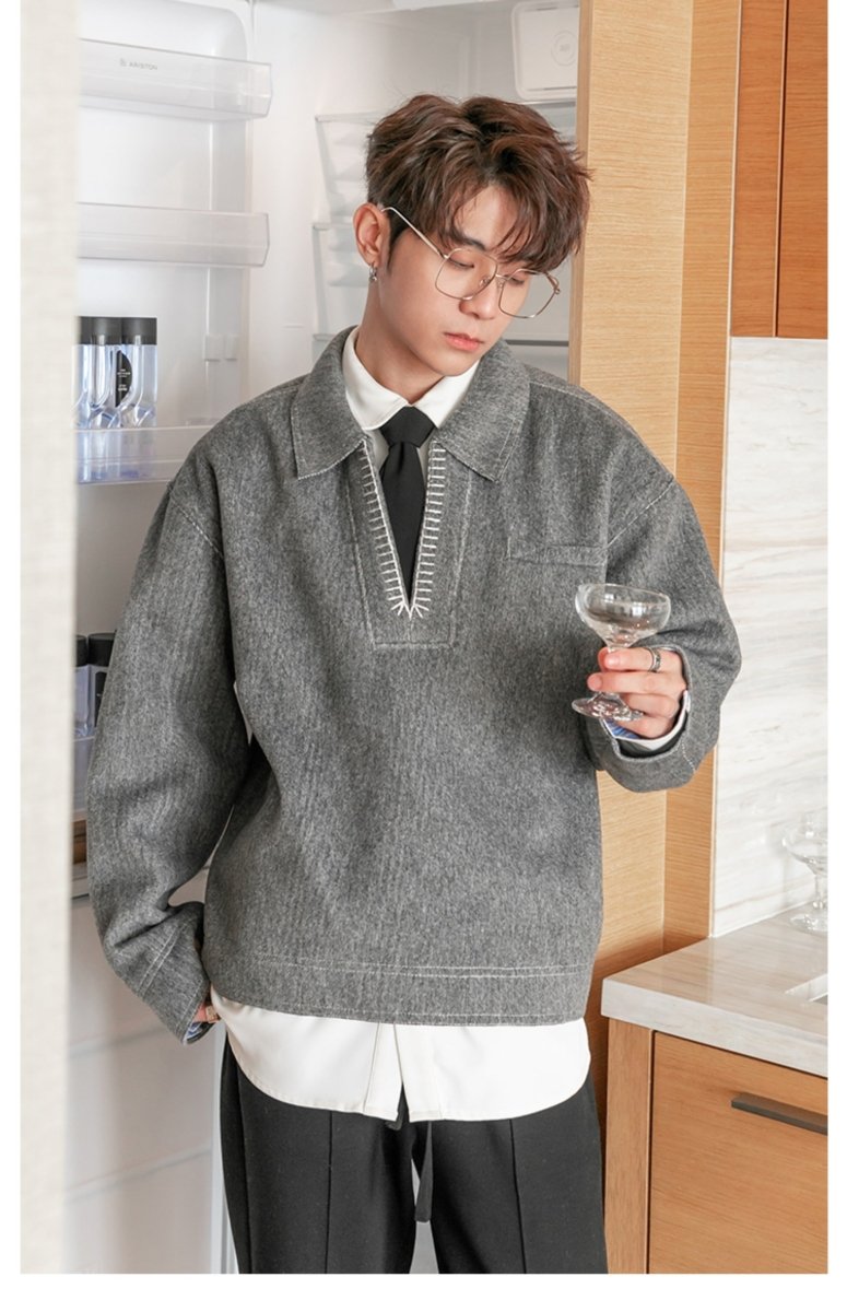 韓国ファッション SELCA-V neck knit polo shirt-mselca2023aw957-05