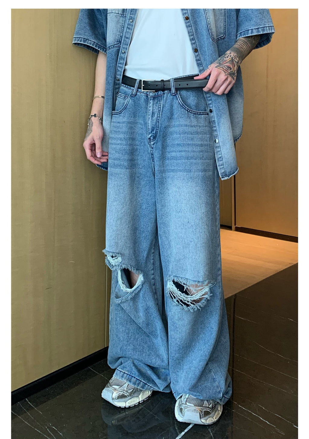 韓国ファッション SELCA-Wide damage jeans setup-mselca2023aw997-03