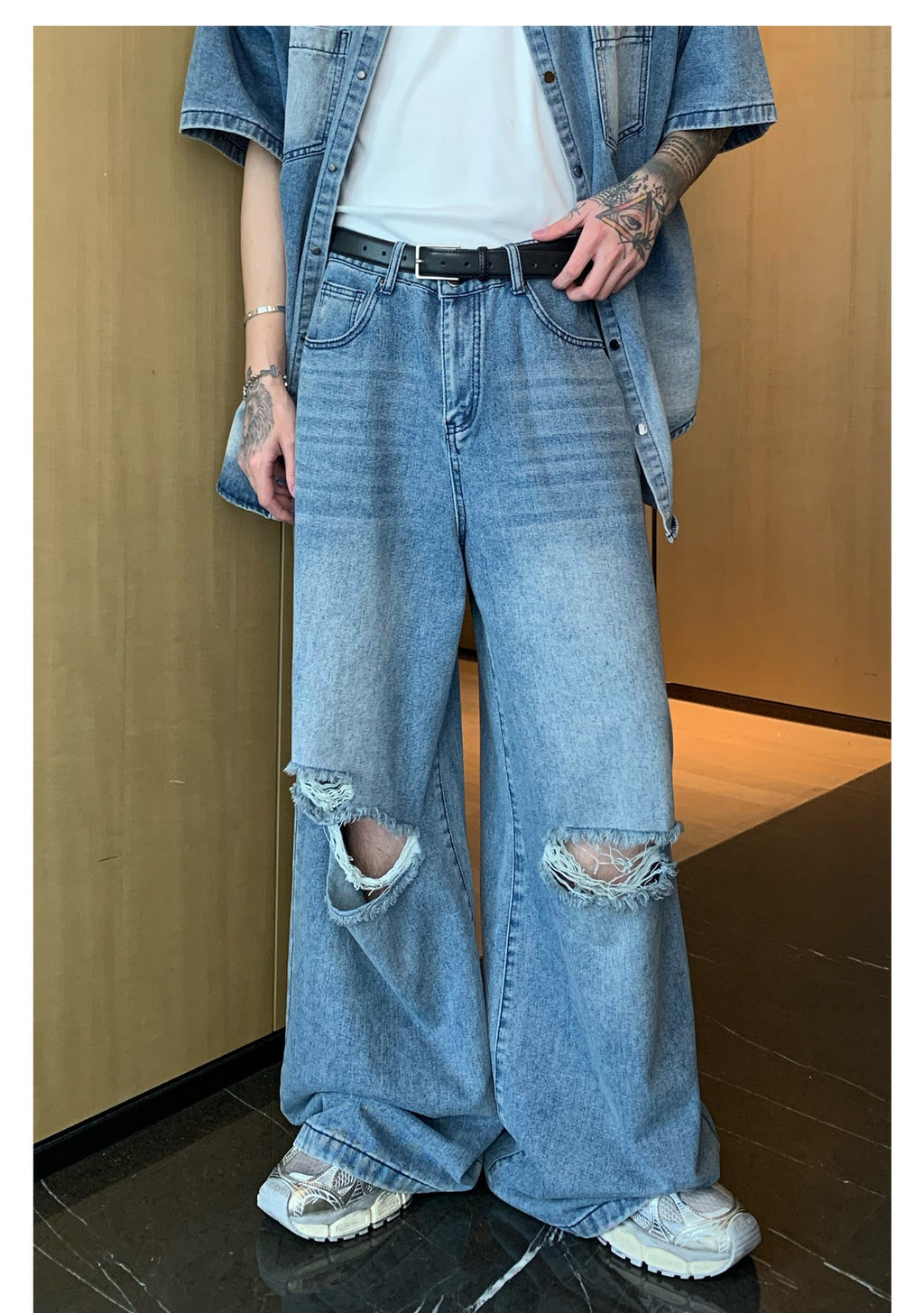 韓国ファッション SELCA-Wide damage jeans setup-mselca2023aw997-05