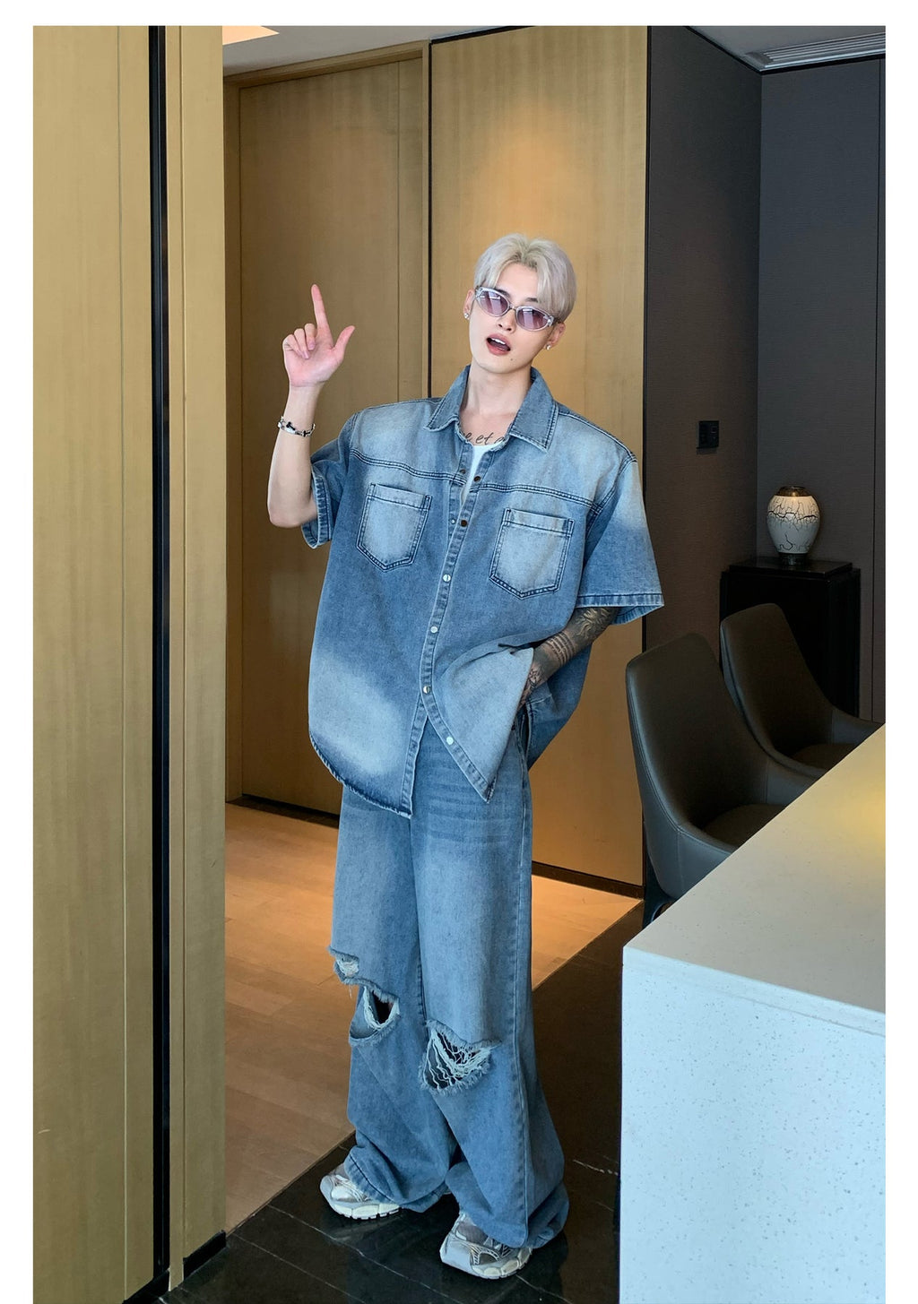 韓国ファッション SELCA-Wide damage jeans setup-mselca2023aw997-06