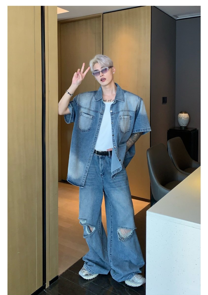 韓国ファッション SELCA-Wide damage jeans setup-mselca2023aw997-07