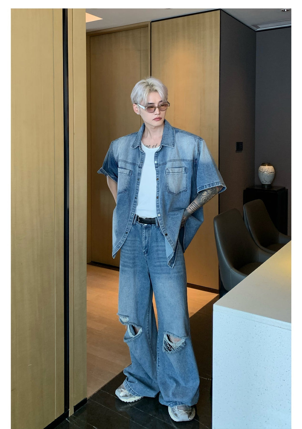 韓国ファッション SELCA-Wide damage jeans setup-mselca2023aw997-08